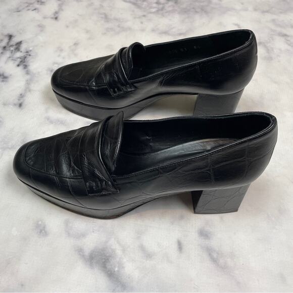 Freda Salvador Florence Black Croc Embossed Leather Platform Block Heel Loafers - Picture 4 of 11